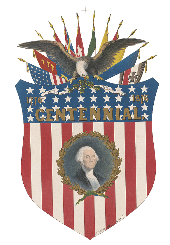Print shows a stars and stripes shield with a bust portrait of George Washington, facing right, within a wreath, an eagle perched on the top of the shield, and the American flag with several other flags representing other countries. A ribbon on the shield states "E Pluribus Unum."