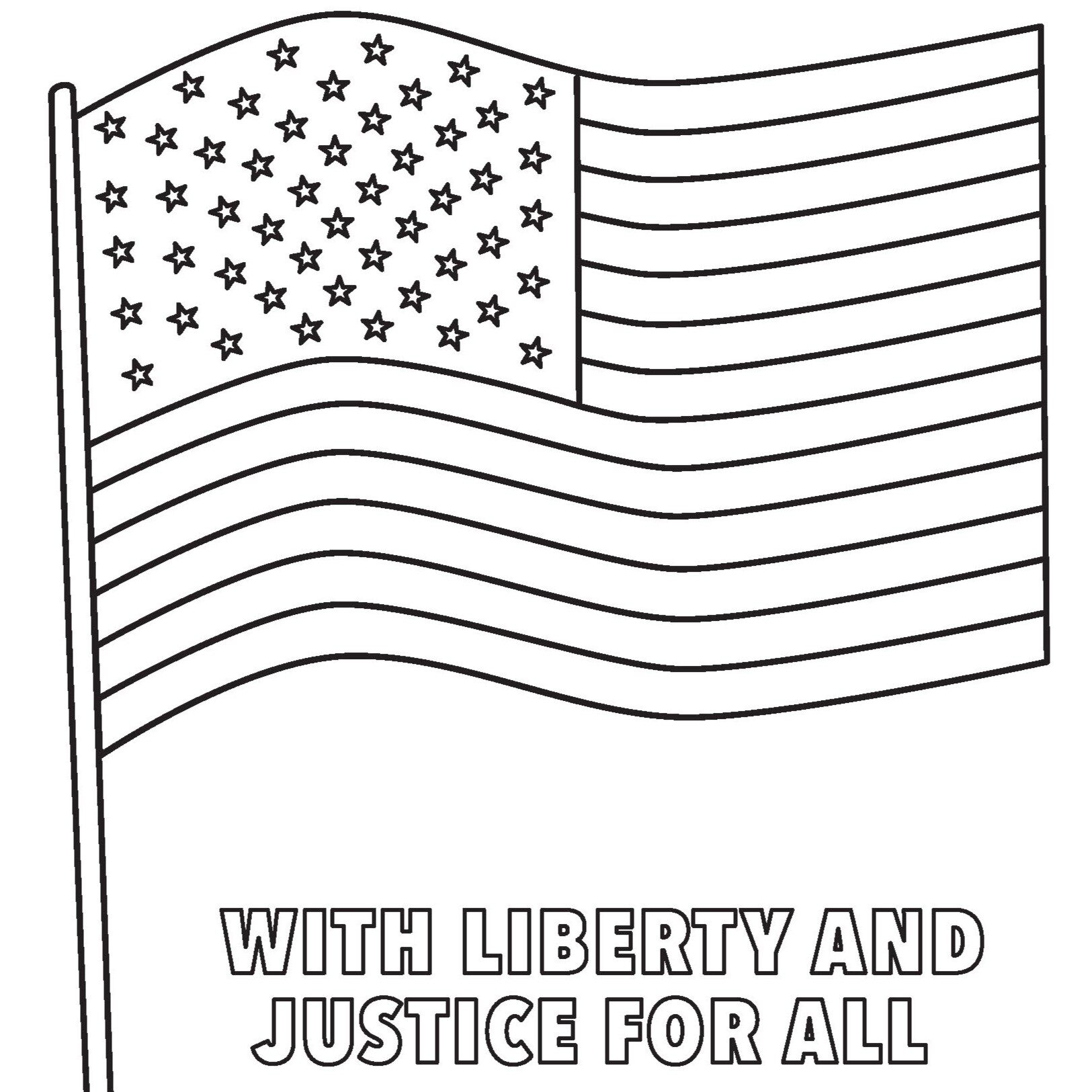 Black and white coloring sheet of an American flag. Text at the bottom reads "With Liberty and Justice for All"