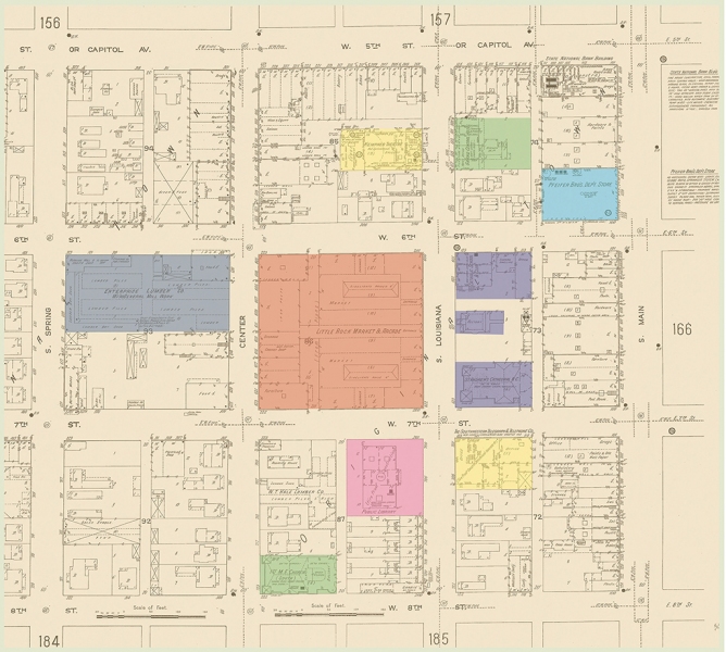 Sanborn map showing the Arcade and its surrounding neighbors in the heart of downtown Little Rock