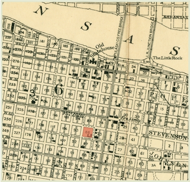 Map of Little Rock, highlighting the site for the Arcade. From: Map Collection