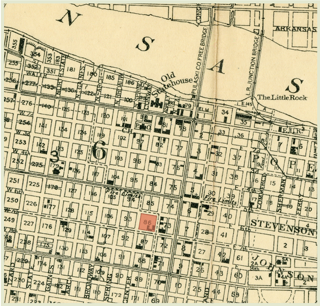 Map of Little Rock, highlighting the site for the Arcade. From: Map Collection Map of Little Rock, highlighting the site for the Arcade. From: Map Collection