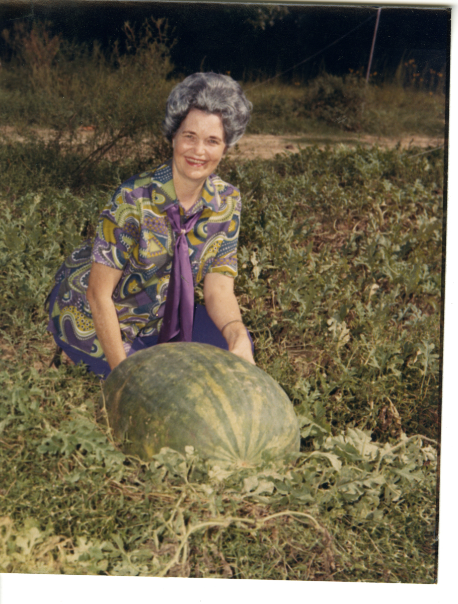 Nedra McKelvy next to "giant watermelon," Hope, undated Nedra McKelvy next to "giant watermelon," Hope, undated