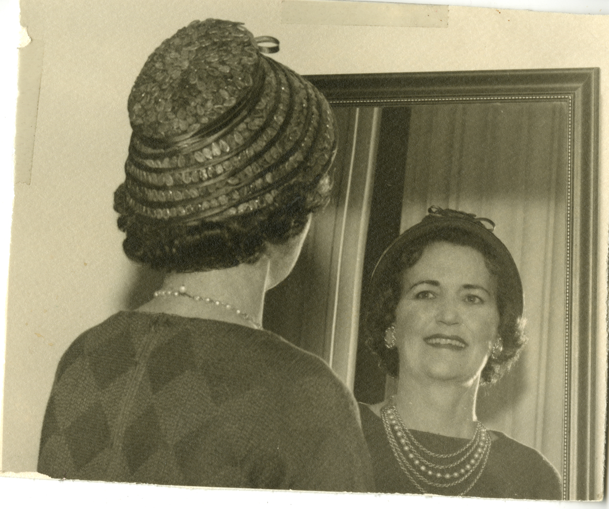 Nedra McKelvy wearing watermelon hat, Hope, 1973 August 31 (reverse side says Mrs. Lester Rent, but box says McKelvy) Nedra McKelvy wearing watermelon hat, Hope, 1973 August 31 (reverse side says Mrs. Lester Rent, but box says McKelvy)