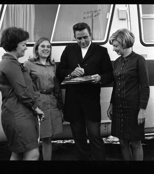 Johnny Cash at Winthrop Rockefeller reelection campaign event; ca. 1968.