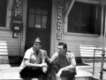 Johnny Cash (right) and fellow singer Johnny Horton on the steps of the Kingsland (Cleveland County) post office; May 1959.