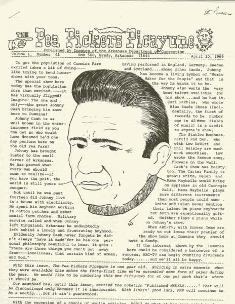 Drawing of Cash featured in the April 10, 1969 issue of the Cummins prison paper, The Pea Pickers Picayune