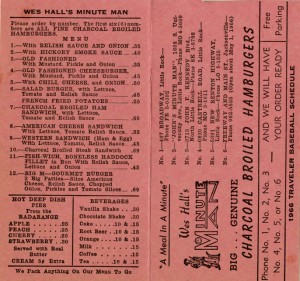 This Minute Man calling card features a menu, list of locations, and a baseball schedule (verso) to encourage its retention