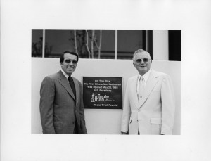 Gar Puryear and Wes Hall at site marker for first Minute Man restaurant, May 1975  