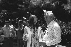 Sharon Campbell enjoys her custom Minute Man barbecue with Jacksonville Mayor John Harden in Tehran, Iran, August 1972