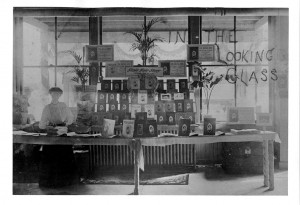 Babcock in bookstore with SKETCH BOOK, undated