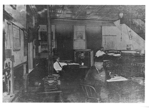 Interior Scott Bond's general store, black and white