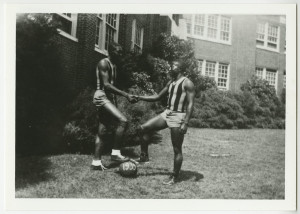 Woody Crockett with Giggens in basketball uniforms.