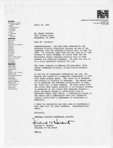 Scanned image of Woody Crockett's induction letter into Arkansas Aviation Hall of Fame, April 20, 1992. courtesy UA Little Rock CAHC.