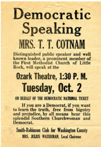 This is a scanned flyer announcing Florence Cotnam speaking at Smith-Robinson Club, October 2, 1928. courtesy UA Little Rock CAHC.