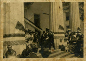 This is a photograph of Women's Suffrage Rally on the Steps of the Old State House, 1914. courtesy Arkansas State Archives.