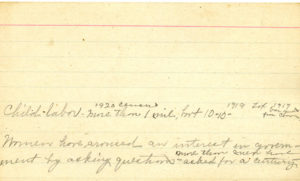 This is a scanned image of a notecard that documents Florence Cotnam's notes on child labor laws, 1923. courtesy UA Little Rock CAHC.