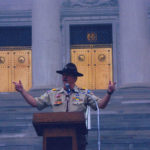 Winthrop Paul Rockefeller on Little Rock Capitol building steps, undated