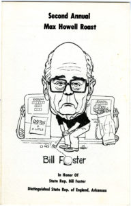 Front cover of second annual Max Howell Roast program featuring a charactacure of Bill Foster putting with an Exxon gas pump and golf bag in the background.