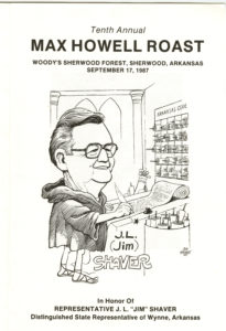 Front cover of tenth annual Max Howell Roast featuring a charactiture of State Representative J. L. (Jim) Shaver of Wynne, Arkansas.