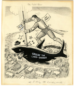 Editorial cartoon depicts Max Howell, dressed in armor, spearing a shark labeled "Greedy Tax Land-Sharks". The spear is labeled "Act 195 of 1949 by Howell". The shark is pictured devouring several houses. 