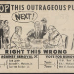 Leaflet reading "Stop This Outrageous Purge" with a cartoon of school board members stamping lists of teachers' names with a stamp marked with "Purge." Meanwhile, teachers watch. At the bottom, the list of school board members and their positions are listed.