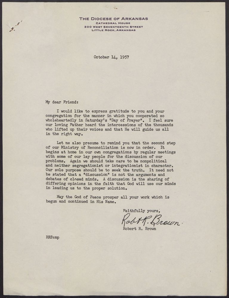 Letter by Brown detailing his "Ministry of Reconciliation", 1957