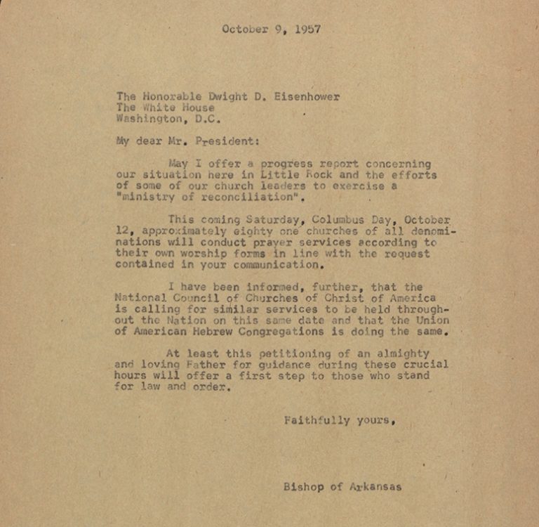 Letter from Bishop Brown to President Eisenhower, October 9, 1957