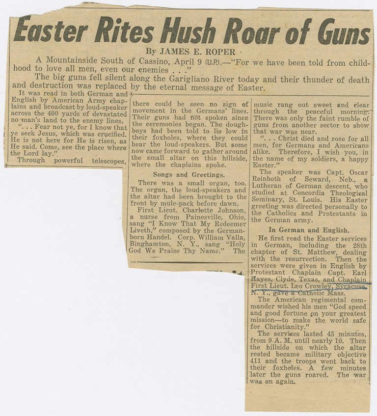 Newspaper article with headline Easter Rites Hush Roar of Guns