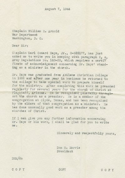 Letter of certification for Conard Hays