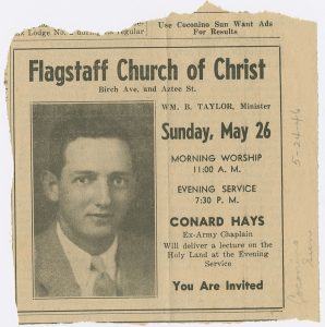 Advertisement for lecture by Conard Hays at the Flagstaff Church of Christ