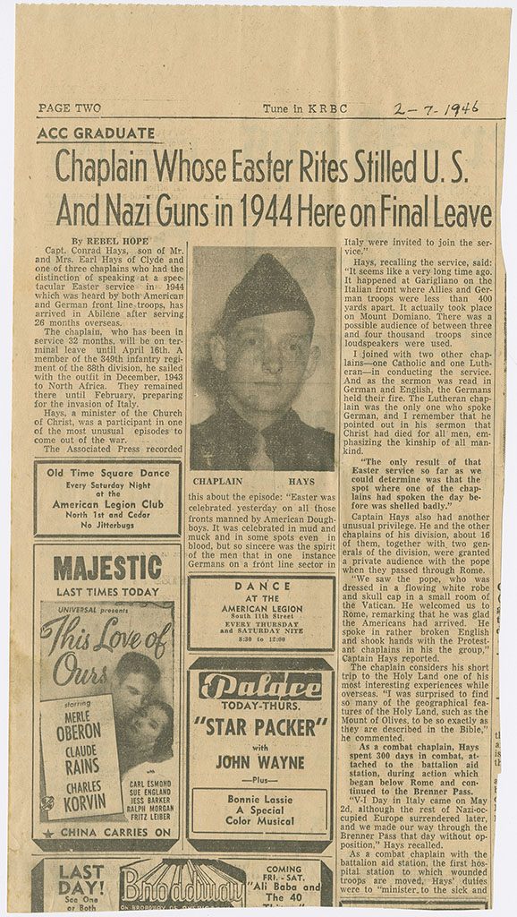 News article announcing Hays is on final leave with title Chaplain Whose Easter Rites Stilled U.S. and Nazi Guns in 1944 Here on Final Leave