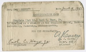 Harvard University Chaplain School identification card for Hays