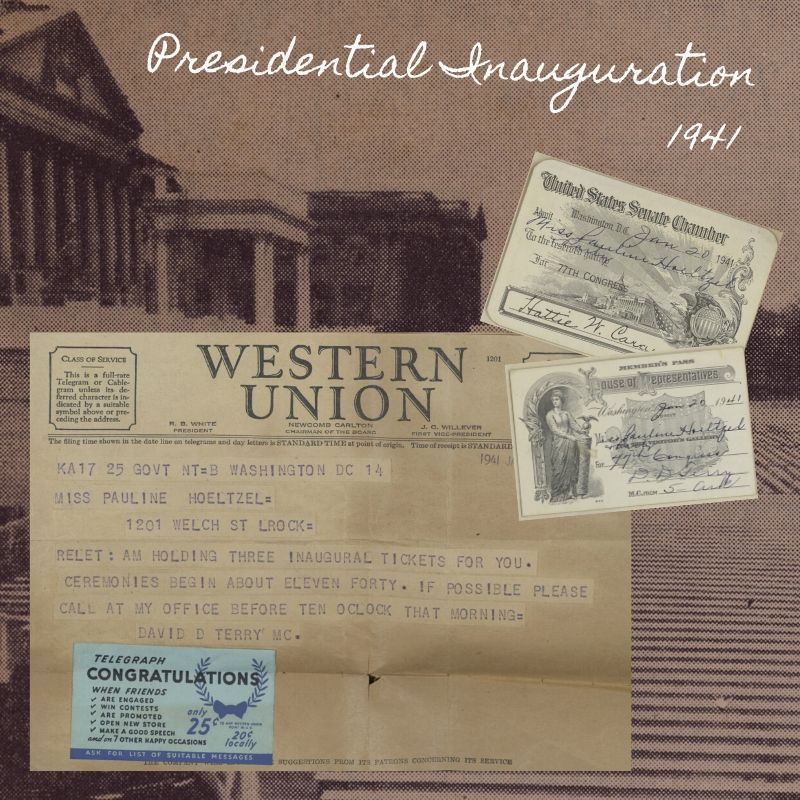 A collection of items from Pauline's scrapbook relating to her attendance of the Presidential Inauguration.  