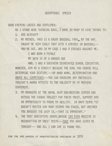 Montague's acceptance speech for the Society of Manufacturing Engineers (SME) award, October 1978