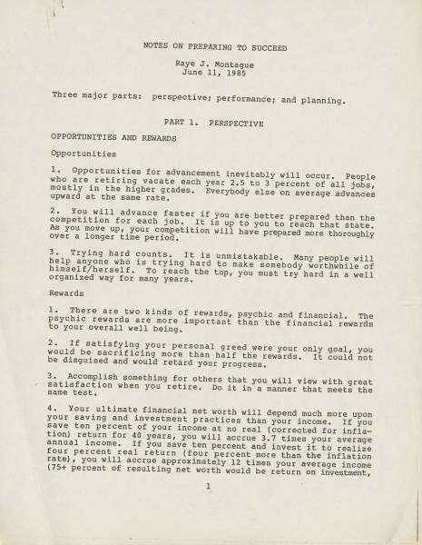 Montague's speech titled "Notes on Preparing to Succeed," 11 June 1985