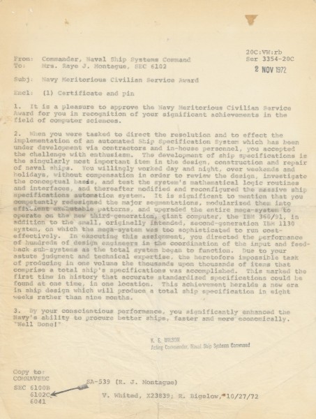 Letter from Naval Ship Systems Command commending Montague's work, 2 November 1972
