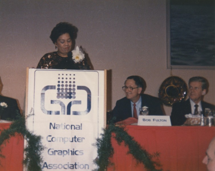 Montague speaks at the National Computer Graphics Association  awards,  22 March 1988