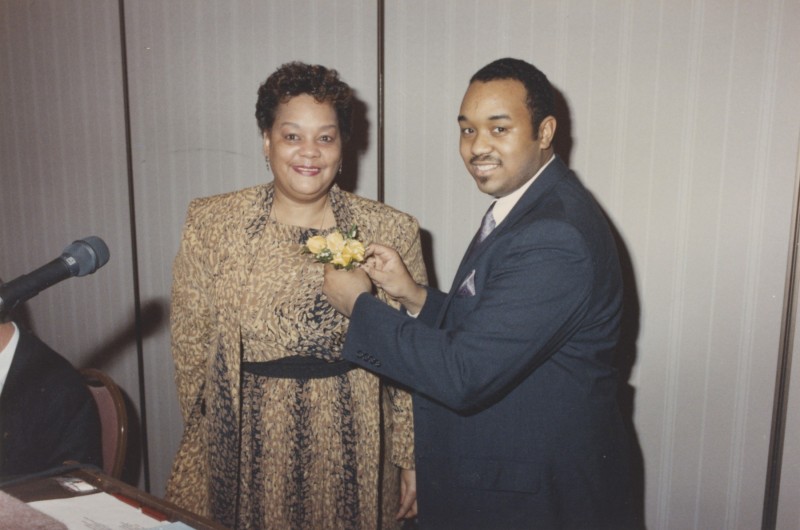 Raye and her son David Montague at her retirement party, 31 January 1990