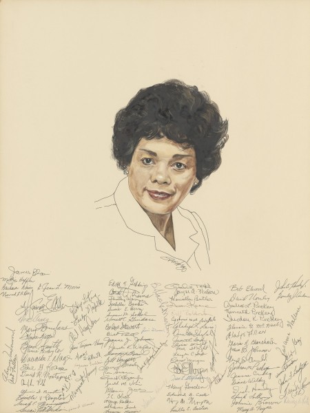 Signed portrait gifted to Montague at her retirement party, 31 January 1990