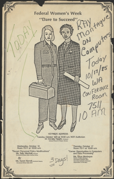 Flyer for Federal Women's Week promoting Montague's lecture, 17 October 1985