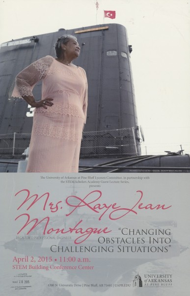 Flyer promoting Montague's lecture at UAPB, 2 April 2015