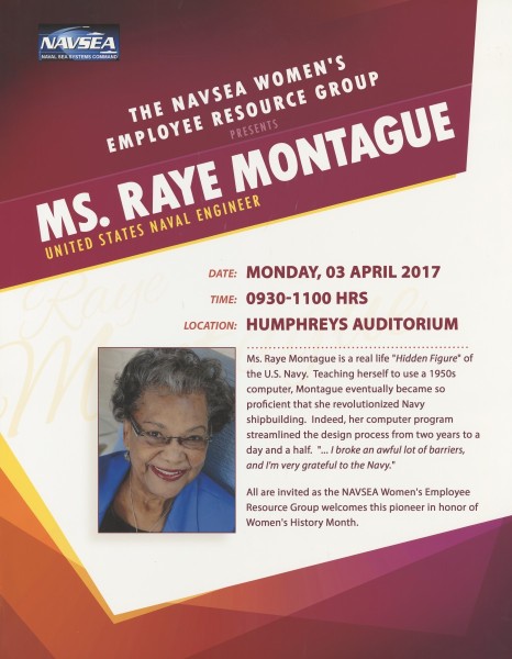 Flyer from the NAVSEA Women's Employee Resource Group promoting Montague's lecture, 3 April 2017