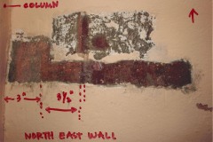 Damaged piece of the north east wall with notations for the extent of the damage,  July 2004