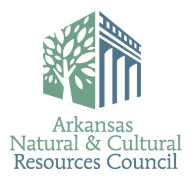Logo for the Arkansas Natural and Cultural Resources Council. It looks like a box where only two sides are visible. One side is green with a tree design, and the other side has blue columns on it