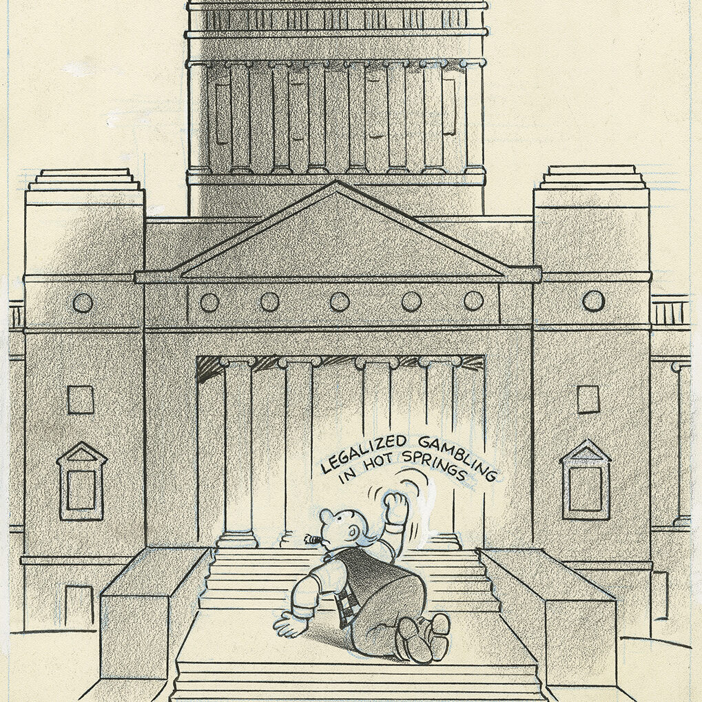 Political cartoon by Bill Graham depicting a man crawling up the steps at the Arkansas capitol building and demanding ''legalized gambling in Hot Springs.'' Feb. 27, 1959