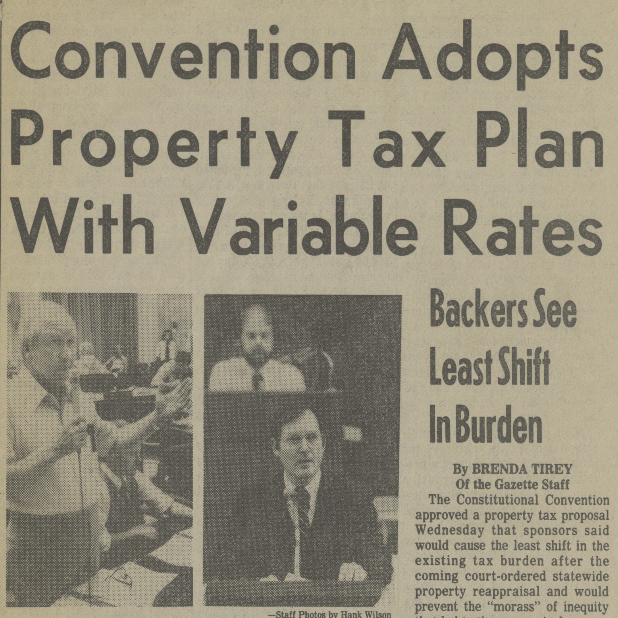 Newspaper clipping titled, "Convention Adopts Property Tax Plan With Variable Rates: Backers See least Shift in Burden"