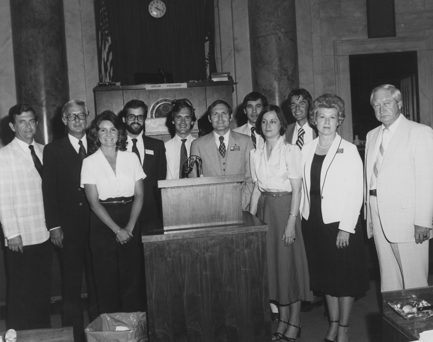 Group photograph of staff at the 1979 Constitutional Convention. Identified people include reading clerk Bill Jones, delegate John Giller, and delegate Sarah Jane Bost