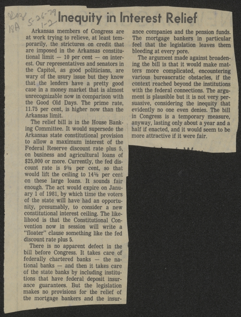 Newspaper clipping titled "Inequality in Interest Relief"
