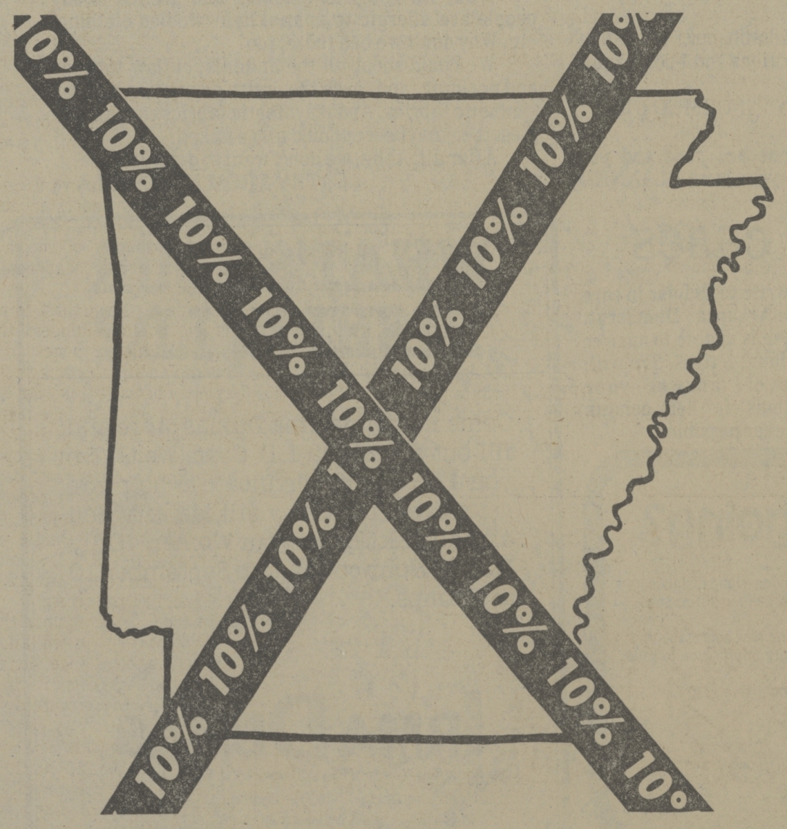 Newspaper clipping depicting two black strips with "10%" on them forming an  X over the outline of the state of Arkansas