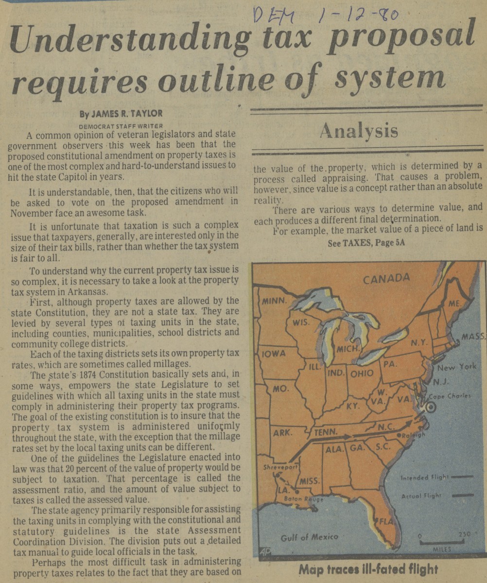 Newspaper clipping titled "Understanding tax proposal requires outline of system"